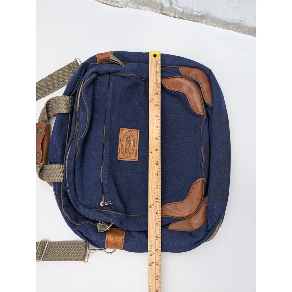 Jansport Messenger Laptop Bag Shoulder Strap Blue Canvas Leather Made In USA VTG
